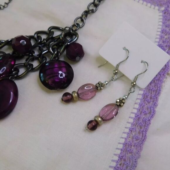 Purple Beaded Gunmetal Necklace and Purple Glass Earrings Set - Picture 4 of 5